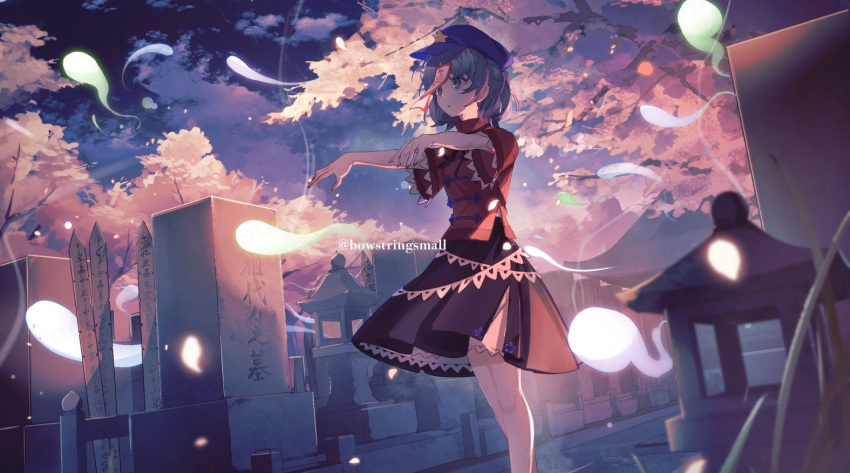 1girl, black_sky, blue_eyes, blue_hair, blue_hat, clouds, commentary_request, feet_out_of_frame