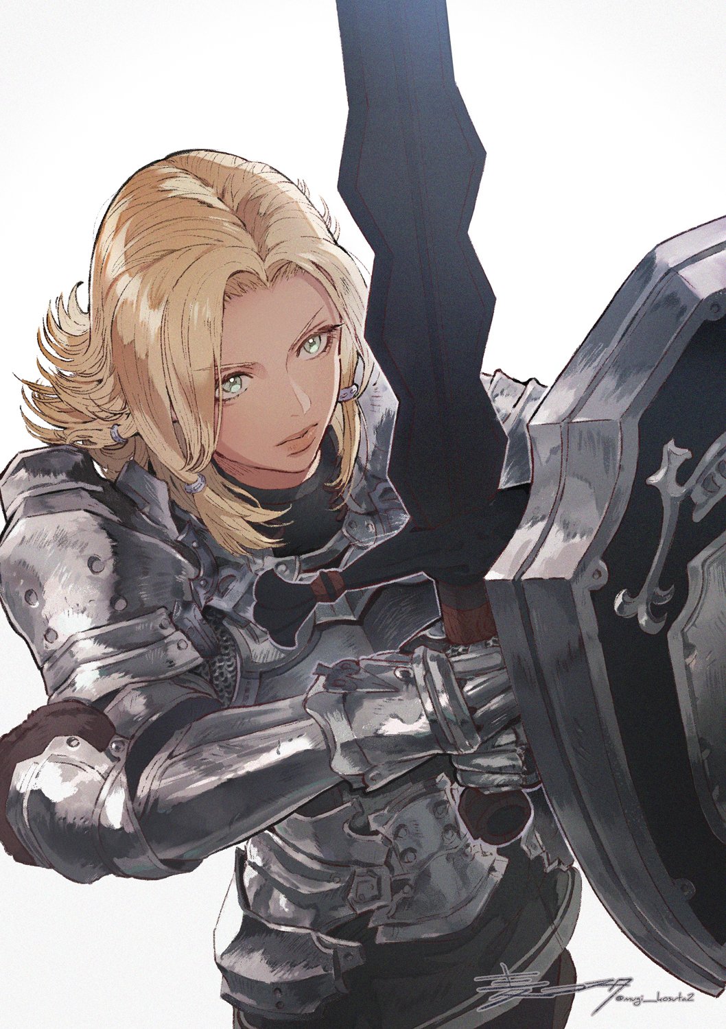 1girl, armor, blonde_hair, breastplate, cowboy_shot, final_fantasy, final_fantasy_xiv, gauntlets