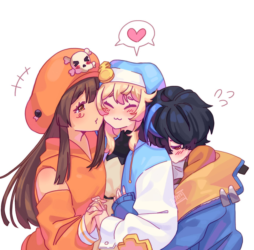 >_<, 3girls, :3, androgyne_symbol, black_hair, blonde_hair, blush, bridget_(guilty_gear)