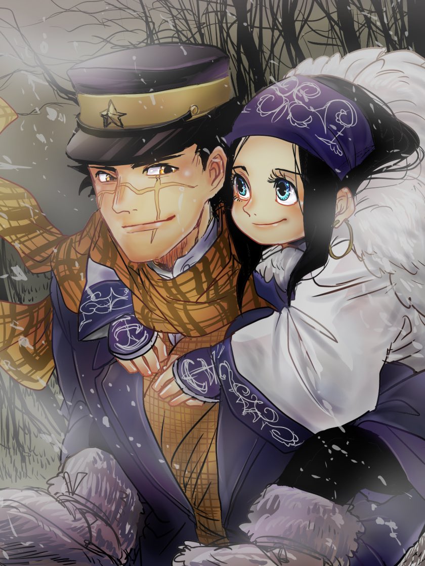 1boy, 1girl, ainu, ainu_clothes, asirpa, bare_tree, black_hair, blue_eyes