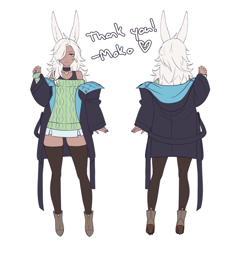 1boy, animal_ears, black_coat, black_thighhighs, cable_knit, choker, closed_mouth, coat, collarbone, dark-skinned_male, dark_skin, from_behind, full_body, green_sweater, grey_eyes, hair_over_one_eye, heart, heart_choker, high_heels, highres, long_hair, male_focus, messy_hair, mokotoko9, multiple_views, off-shoulder_sweater, off_shoulder, original, otoko_no_ko, rabbit_boy, rabbit_ears, simple_background, smile, standing, sweater, thank_you, thigh-highs, two-sided_coat, two-sided_fabric, white_background, white_hair, zettai_ryouiki
