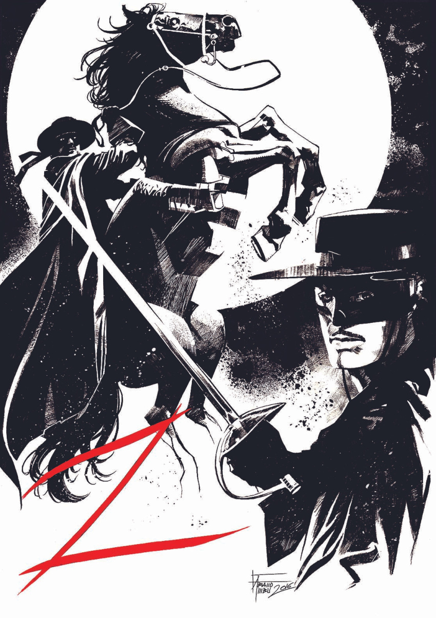 1boy, cape, commentary, eye_mask, fabianoambu, facial_hair, gloves, greyscale, hat, highres, holding, holding_sword, holding_weapon, horse, monochrome, moon, multiple_views, mustache, riding, riding_animal, signature, spot_color, sword, tornado_(zorro), weapon, zorro, zorro_(character)