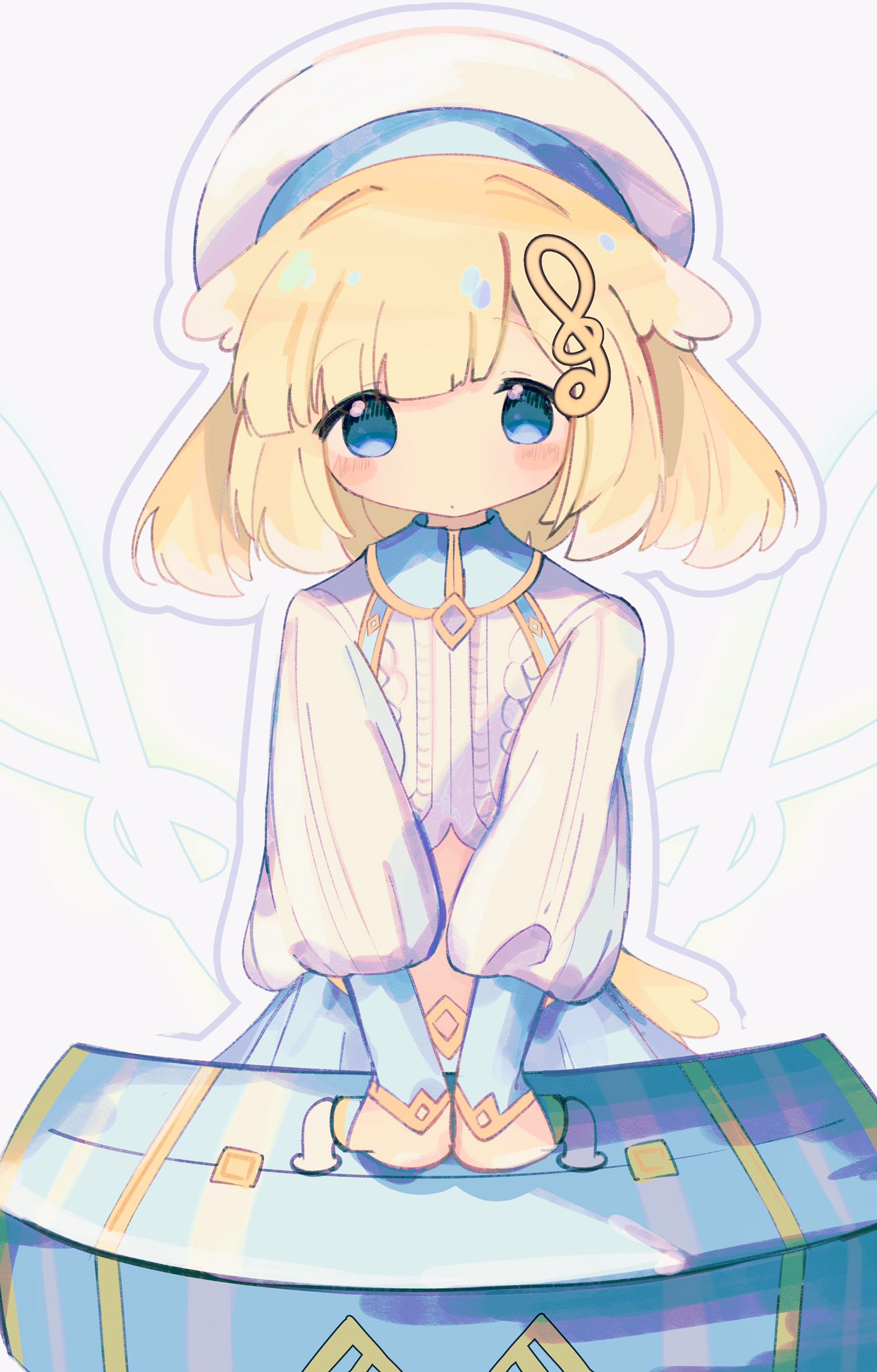 1girl, beret, blonde_hair, blue_capelet, blue_eyes, blue_skirt, blush, blush_stickers, bombergirl, brass_(bombergirl), capelet, closed_mouth, dot_mouth, dress, eyebrows_hidden_by_hair, flat_chest, hair_ornament, hat, highres, holding, holding_suitcase, medium_hair, musical_note, musical_note_hair_ornament, simple_background, skirt, smile, solo, suitcase, user_wyxr8822, white_background, white_dress, white_hat