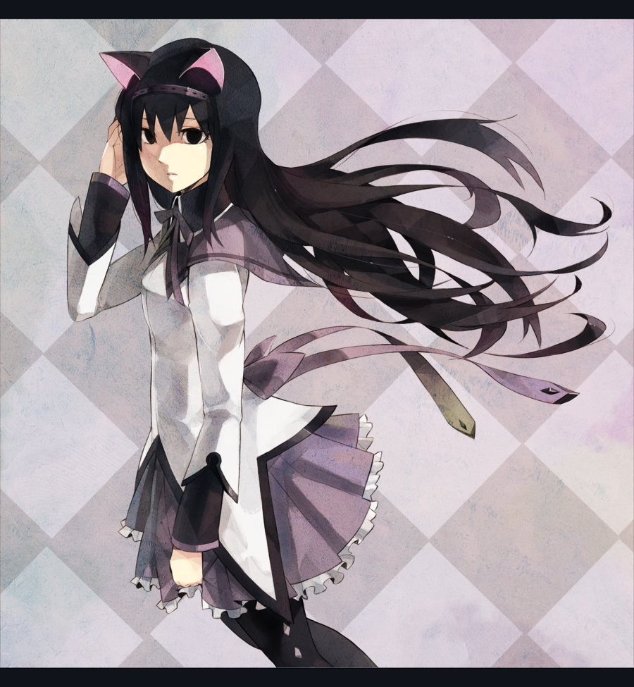 404_(artist), akemi_homura, animal_ears, black_hair, cat_ears, hairband, long_hair, mahou_shoujo_madoka_magica