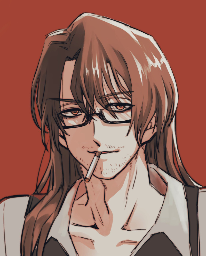 1boy, black_vest, brown_hair, cigarette, collared_shirt, curtained_hair, facial_hair, glasses