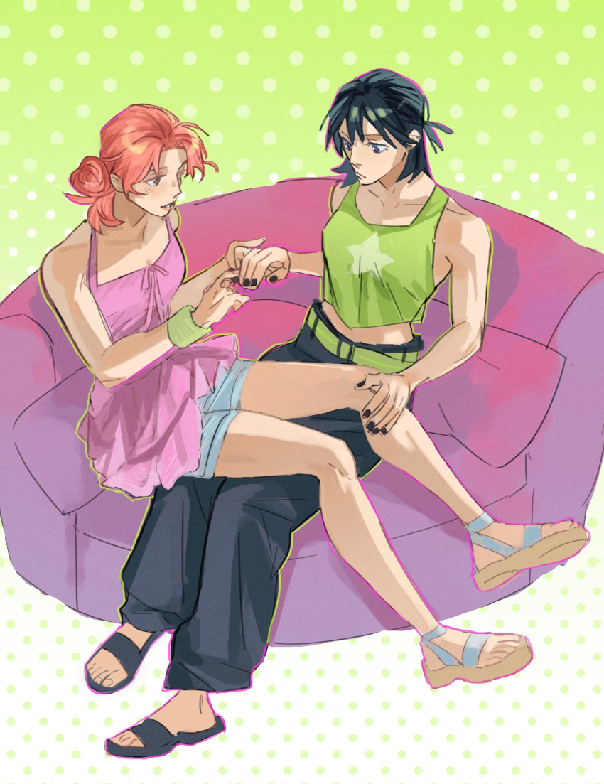 2girls, applying_manicure, bare_arms, bare_shoulders, belt, black_hair, black_nails, black_pants