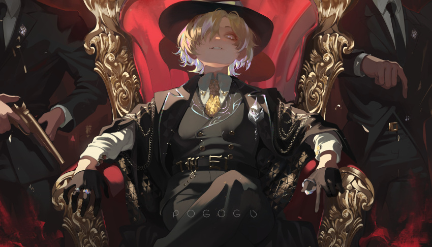 3boys, absurdres, artist_name, black_gloves, black_hat, blonde_hair, gloves, grin