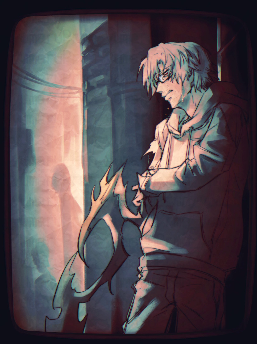 arthropod_limbs, beard_stubble, blurry_border, brown_eyes, brown_hair, color_filter, crying, crying_with_eyes_open