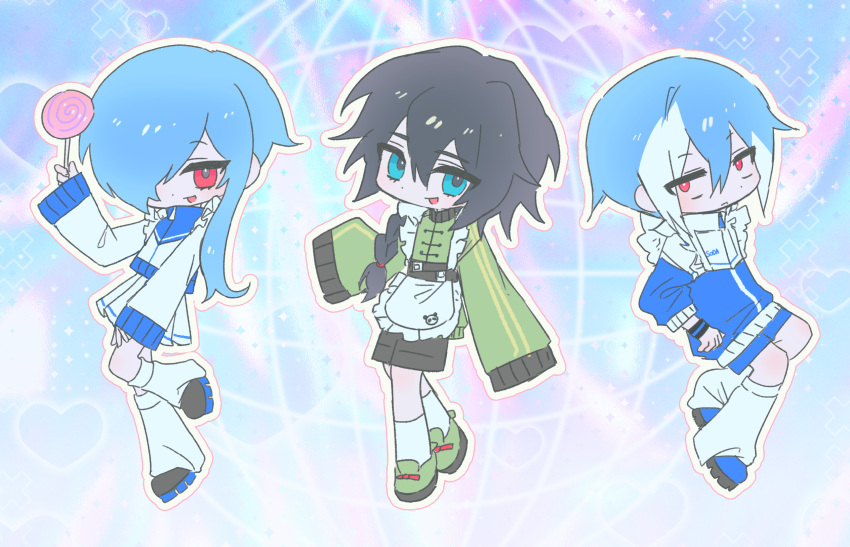 1girl, 2boys, 7731nm, apron, black_hair, blue_eyes, blue_hair, blue_jacket