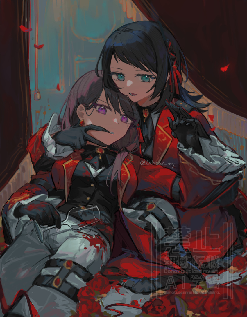 2girls, alcohol, ascot, bang_dream!, bang_dream!_it's_mygo!!!!!, black_ascot, black_gloves, black_hair