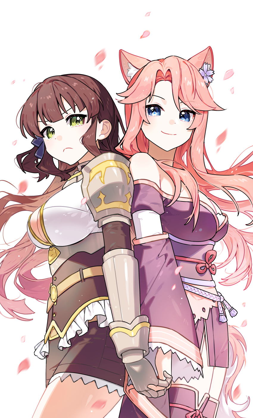 2girls, absurdres, animal_ears, blue_eyes, blush, brown_hair, ceri_(sakura_dungeon), commission