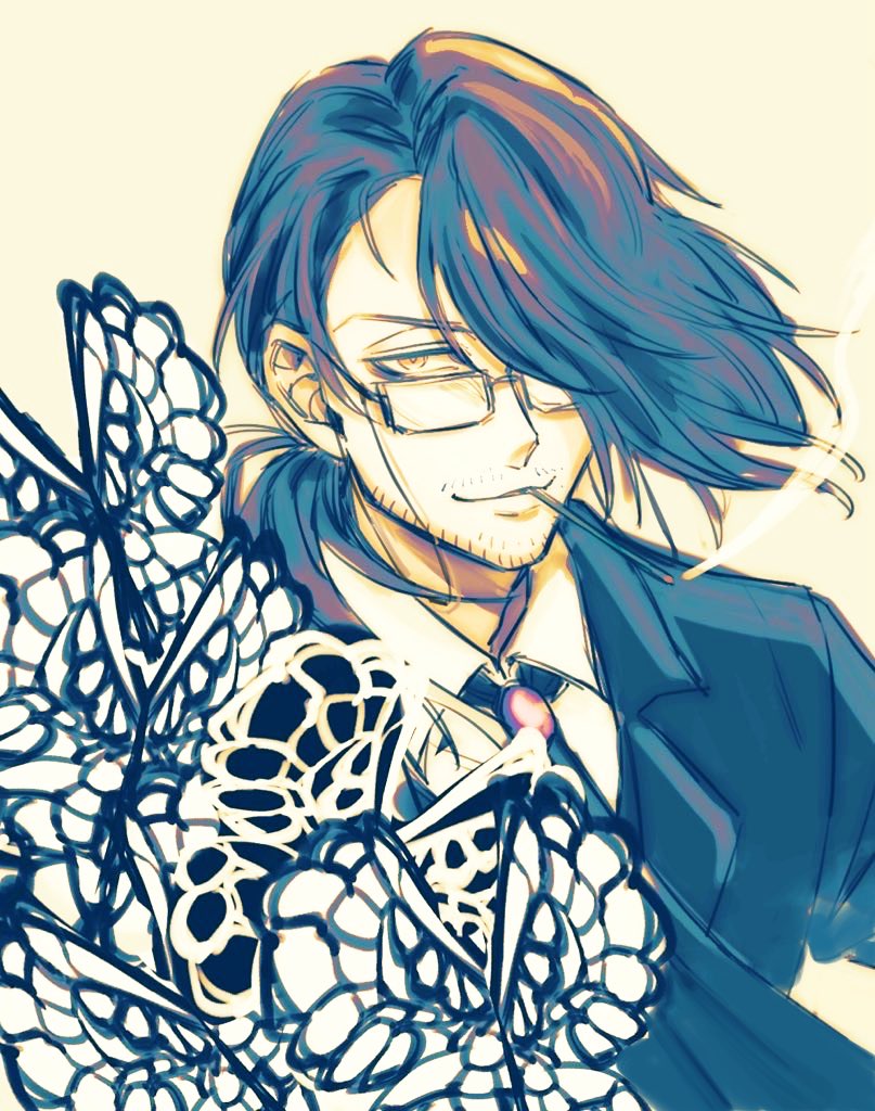 1boy, beard_stubble, black_butterfly, black_necktie, black_suit, brooch, brown_hair, bug