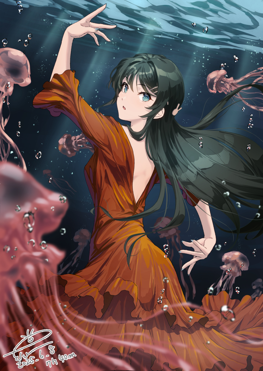 1girl, arms_up, breasts, brown_dress, bubble, dancer, dancing, dated