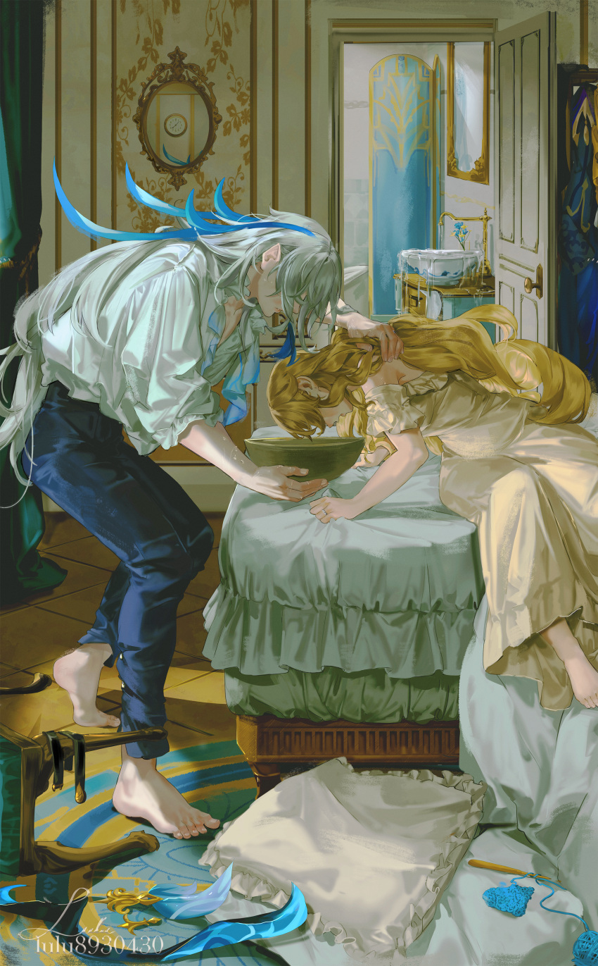 1boy, 1girl, absurdres, analog_clock, barefoot, bed, bedroom, bent_over, blonde_hair, blue_pants, bowl, chair, clock, commentary_request, couple, crochet, crochet_hook, drill_hair, faucet, foot_out_of_frame, from_side, full_body, genshin_impact, grey_hair, hair_over_eyes, hand_on_another's_back, hetero, highres, holding, holding_another's_hair, holding_bowl, husband_and_wife, implied_pregnancy, implied_vomiting, indoors, jewelry, lluluchwan, long_hair, looking_at_another, mirror, morning_sickness, navia_(genshin_impact), neuvillette_(genshin_impact), nightgown, on_bed, open_door, overflowing, pants, parted_lips, pillow, pointy_ears, reflection, ring, rug, sheet_grab, shirt, sink, sitting, standing, tile_floor, tiles, toes, twitter_username, very_long_hair, wall_clock, water, wedding_ring, wet, white_shirt, yarn, yellow_nightgown