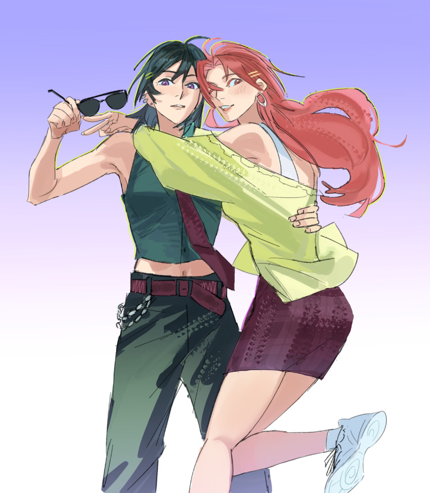 2girls, :d, aqua_shirt, arms_around_neck, bare_shoulders, belt, black_hair, black_pants