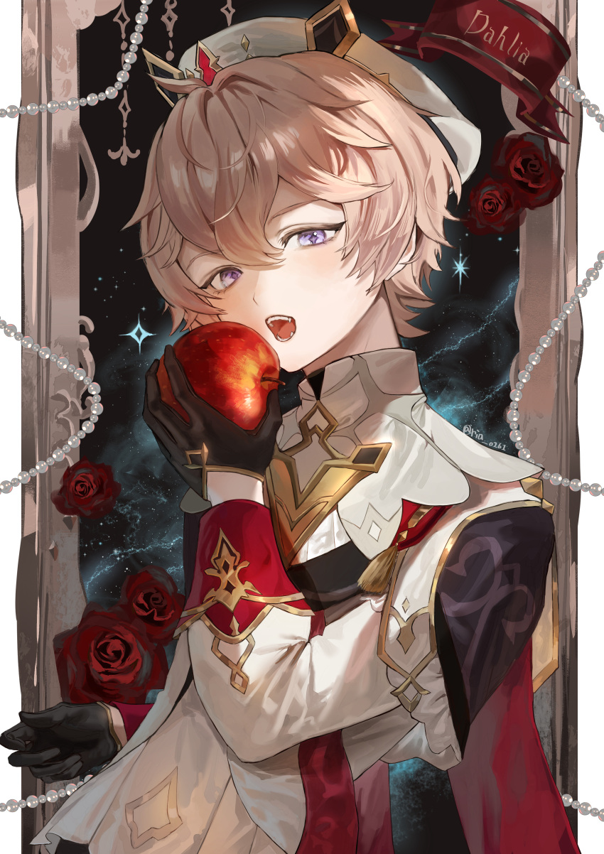 1boy, absurdres, apple, black_gloves, character_name, commentary_request, dahlia_(genshin_impact), eating