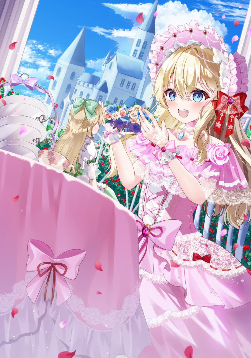 1girl, :d, bare_shoulders, blonde_hair, blue_eyes, blue_sky, blush, bonnet, bow, castle, choker, clouds, commentary_request, cross-laced_clothes, cross-laced_dress, cup, day, doll, dress, dress_bow, falling_petals, flower, frilled_bonnet, frilled_wrist_cuffs, frills, hair_between_eyes, head_wreath, highres, holding_head_wreath, jewelry, lace-trimmed_dress, lace_trim, long_hair, necklace, open_mouth, original, outdoors, pearl_necklace, pendant, petals, pillar, pink_bonnet, pink_bow, pink_choker, pink_dress, plate, red_bow, red_petals, ribbon_choker, rose, sky, smile, solo, strapless, strapless_dress, table, tablecloth, teacup, teeth, tiered_tray, tsukimiya_sara, upper_teeth_only, wrist_cuffs