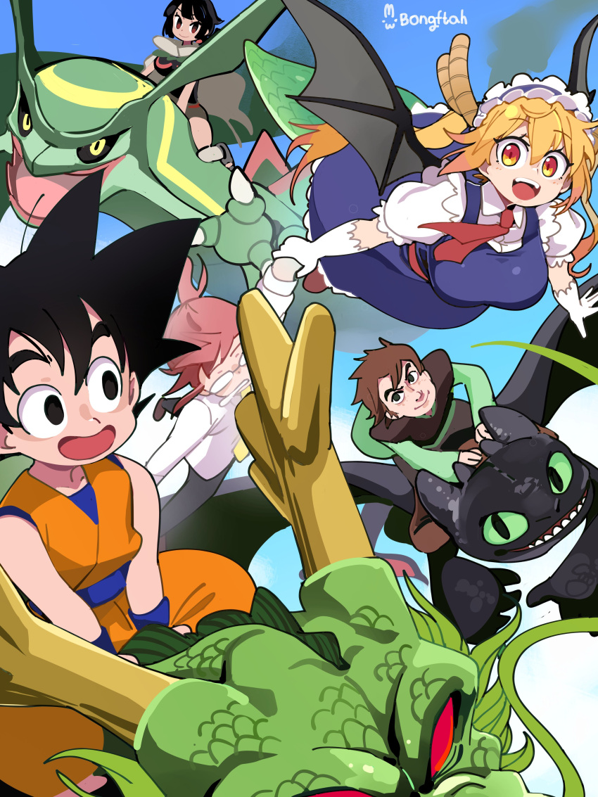 2boys, 3girls, absurdres, armor, artist_name, black_hair, black_sclera, blonde_hair, blush, bongfill, breasts, brown_hair, colored_sclera, dragon, dragon_ball, dragon_girl, dragon_horns, dragon_tail, dragon_wings, dress, eastern_dragon, glasses, gloves, gradient_hair, green_sclera, hiccup_horrendous_haddock_iii, highres, horns, how_to_train_your_dragon_(series), kobayashi-san_chi_no_maidragon, kobayashi_(maidragon), large_breasts, large_tail, leather_armor, long_hair, maid, maid_headdress, multicolored_hair, multiple_boys, multiple_girls, open_mouth, orange_eyes, outdoors, pokemon, pokemon_(creature), rayquaza, red_eyes, red_hair, scales, shenron_(dragon_ball), shirt, short_hair, slit_pupils, smile, son_goku, species_connection, spiky_hair, tail, teeth, tohru_(maidragon), toothless, twintails, western_dragon, white_gloves, white_shirt, wings, yellow_eyes, zinnia_(pokemon)