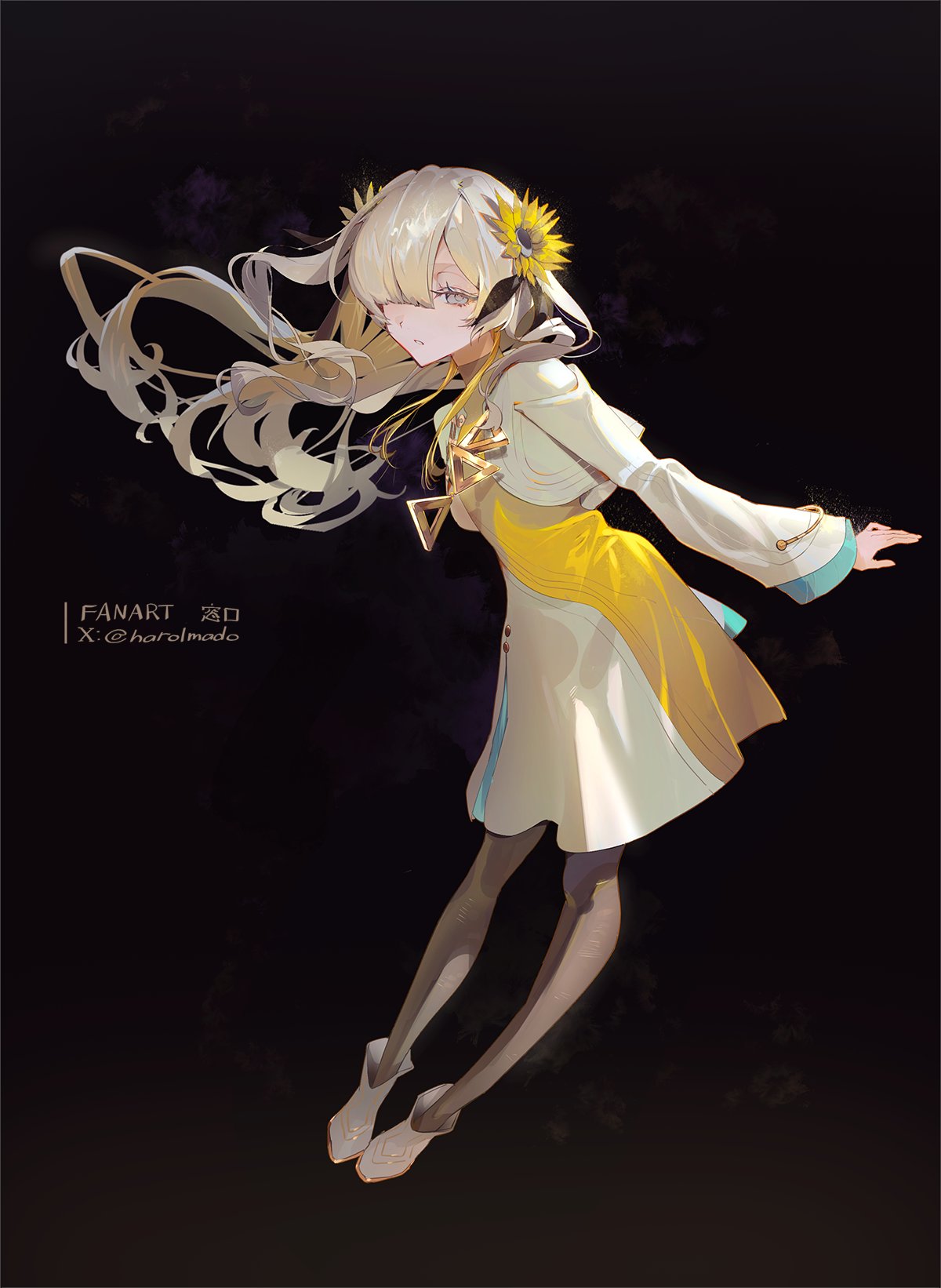 1girl, black_background, black_pantyhose, blonde_hair, colored_eyelashes, cropped_jacket, dress, floating_hair