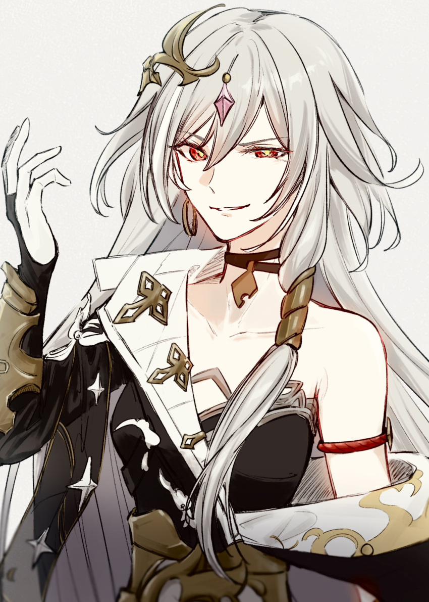1girl, black_choker, black_dress, breasts, cheddar_nn, chinese_clothes, choker, coll, commentary_request, dress, earrings, forehead_jewel, gloves, grey_background, grey_hair, herrscher_of_sentience, highres, honkai_(series), honkai_impact_3rd, hoop_earrings, jewelry, long_hair, looking_at_viewer, red_eyes, simple_background, small_breasts, smirk, solo, upper_body, very_long_hair, white_gloves