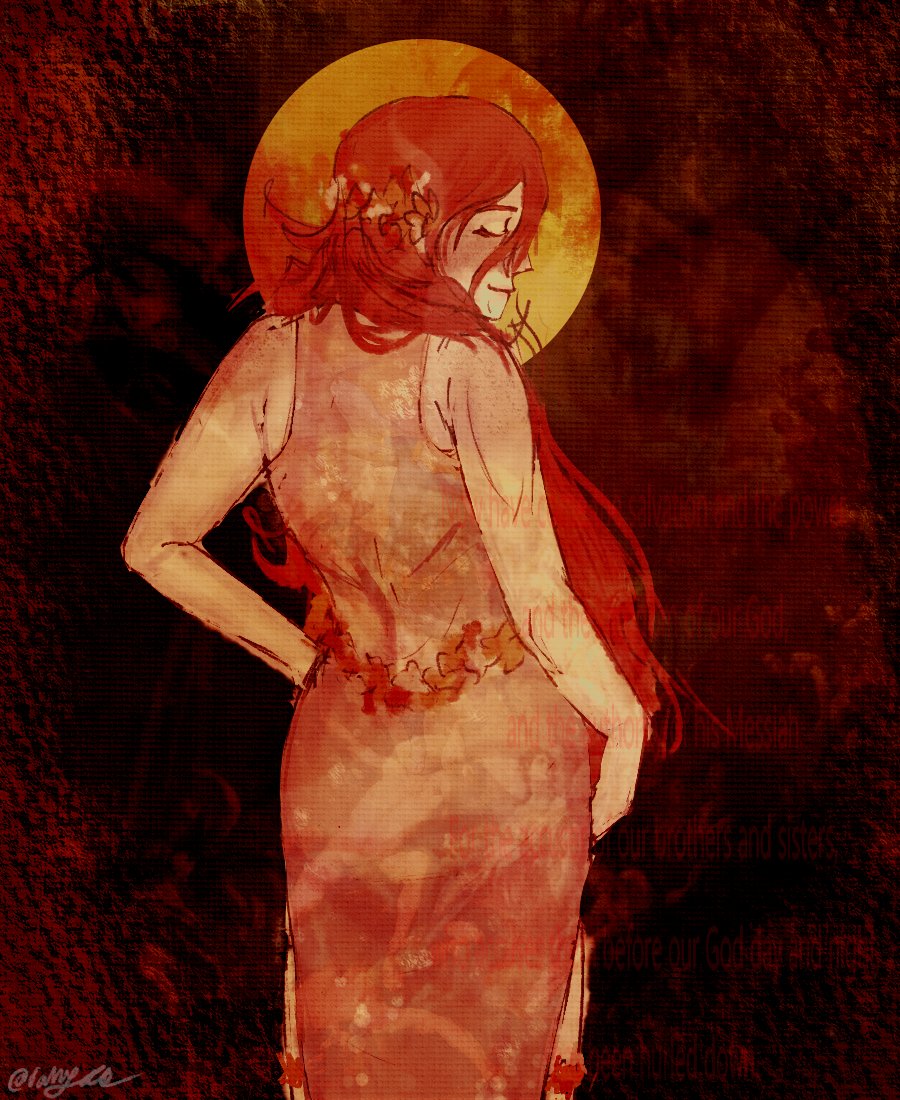 1girl, blush, closed_eyes, dress, flower_wreath, from_behind, hair_between_eyes, halo, halo_behind_head, hand_on_own_hip, long_hair, messy_hair, oriel_(seraphim_slum), red_theme, seraphim_slum, sleeveless, sleeveless_dress, solo, vannyate, very_long_hair