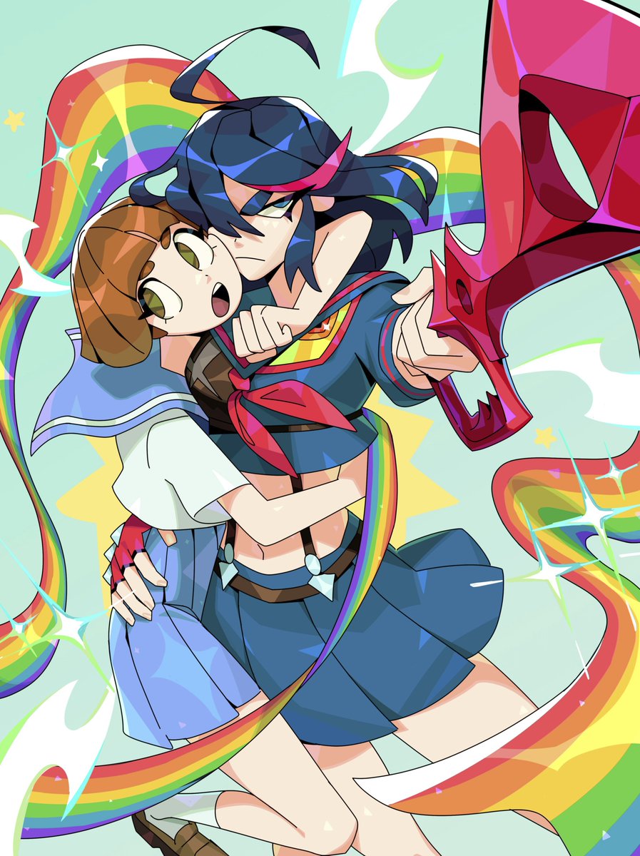 2girls, black_hair, blue_eyes, blue_skirt, brown_eyes, brown_hair, caranvolo, fingerless_gloves