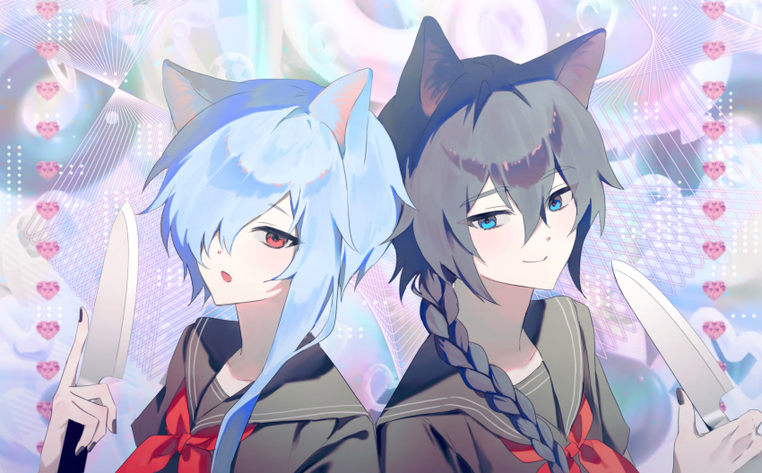 1boy, 1girl, 7731nm, :o, absurdres, animal_ears, back-to-back, black_nails