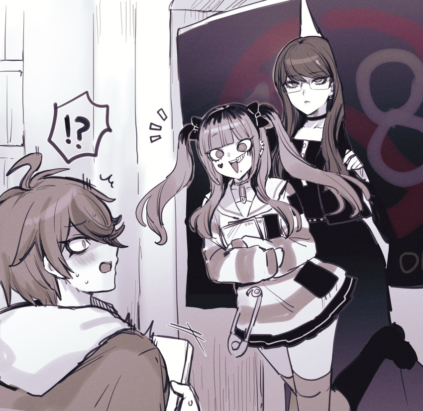 !?, 1boy, 2girls, absurdres, ahoge, amemiya_darumi, blush, boots