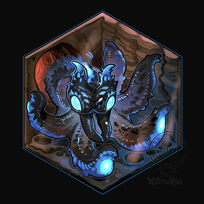 animal_focus, blue_eyes, cave, flaw_eight, glowing_tentacles, indoors, looking_at_viewer, monster_hunter_(series)