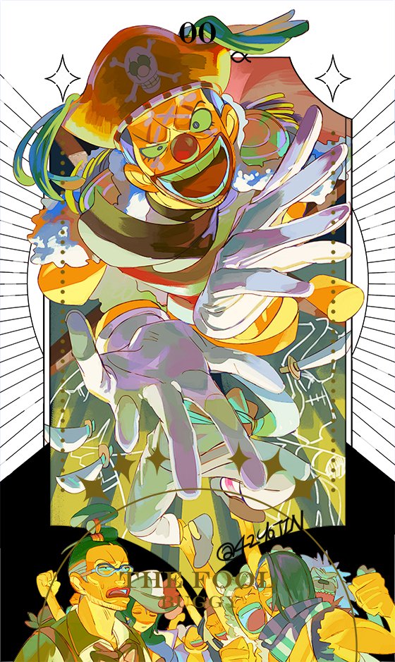 1girl, 6+boys, alvida_(one_piece), arms_up, beard_stubble, black_hair, blue_hair, buggy_the_clown, cabaji, commentary_request, epaulettes, facial_hair, galdino, glasses, gloves, hair_over_one_eye, hat, knife, korean_commentary, lion, looking_at_viewer, makeup, mohji_(one_piece), multiple_boys, one_piece, open_mouth, pirate_hat, red_lips, red_nose, richie_(one_piece), scarf, senzzang, stubble, white_gloves