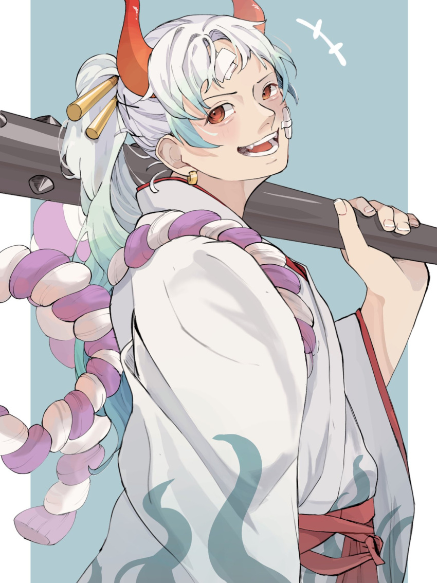 1girl, bandaid, bandaid_on_face, blue_background, club_(weapon), earrings, hair_ornament, highres, holding, holding_weapon, horns, japanese_clothes, jewelry, kanabou, kimono, one_piece, open_mouth, orange_eyes, ponytail, rope, shimenawa, sidelocks, simple_background, smile, solo, u_mi031, upper_body, weapon, white_hair, white_kimono, wide_sleeves, yamato_(one_piece)