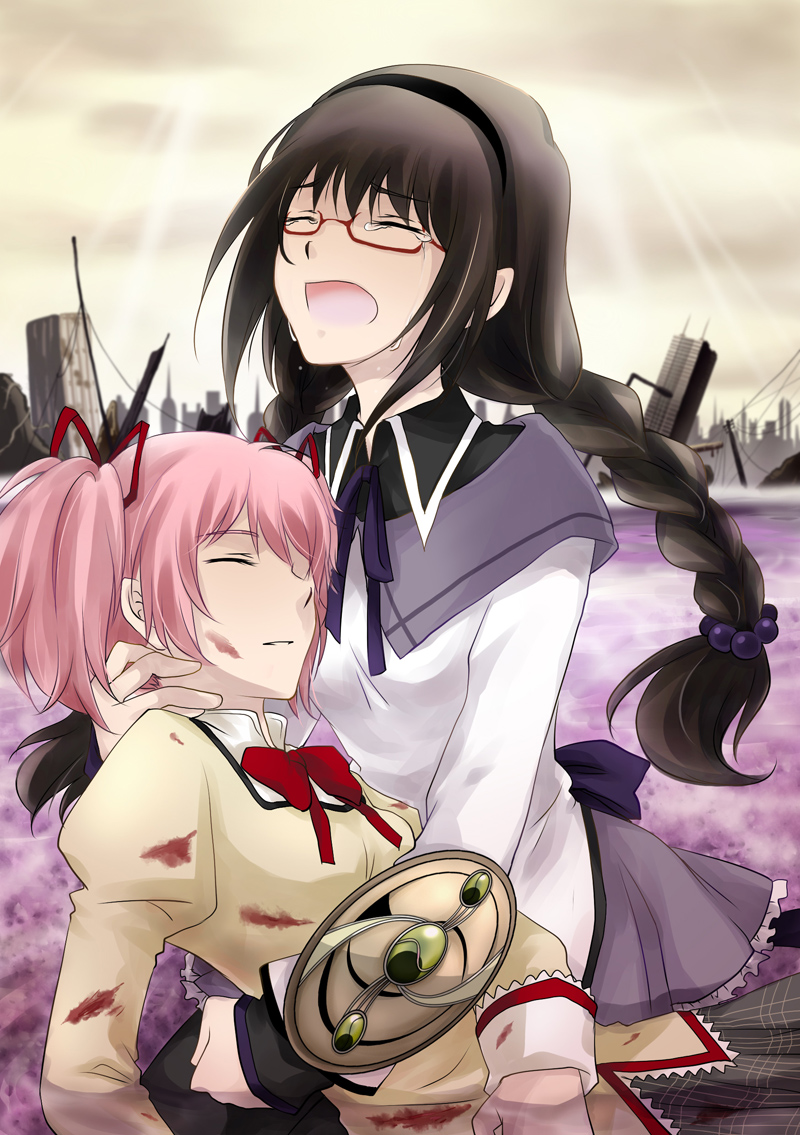 akemi_homura, alternate_hairstyle, glasses, hairband, kaname_madoka, kanzou, mahou_shoujo_madoka_magica, multiple_girls, pantyhose, red-framed_glasses, short_hair, spoilers, tears, twintails