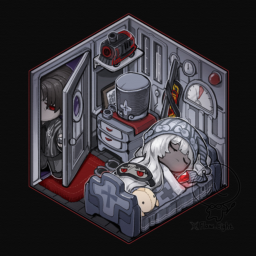 1boy, 1girl, bed, black_shirt, character_doll, charon_(project_moon), closed_eyes, closed_mouth