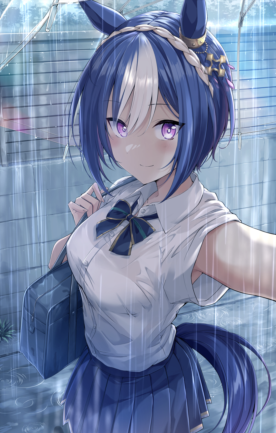 1girl, alternate_costume, animal_ears, armpits, blue_hair, braid, breasts, cesario_(umamusume), crown_braid, fence, highres, horse_ears, horse_girl, horse_tail, medium_breasts, medium_hair, murasaki_himuro, pov, rain, school_uniform, shared_umbrella, solo, tail, umamusume, umbrella, violet_eyes