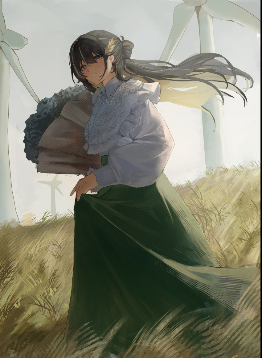 05ghxsu, 1girl, absurdres, blonde_hair, blue_eyes, bouquet, brown_hair, clouds