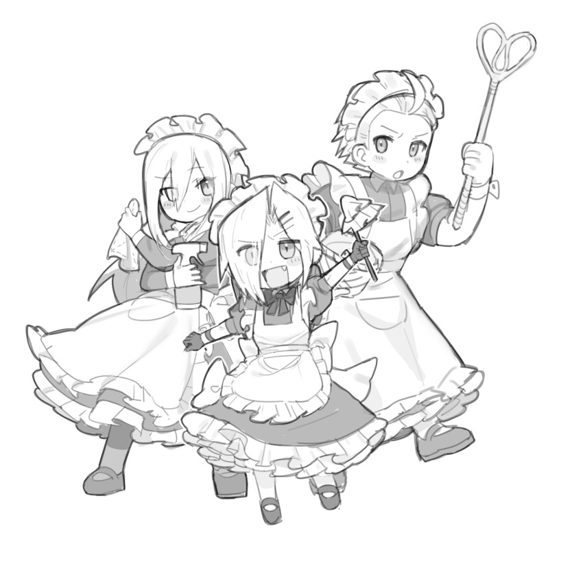 3boys, :o, ahoge, apron, arm_up, back_ribbon, blush_stickers, bottle
