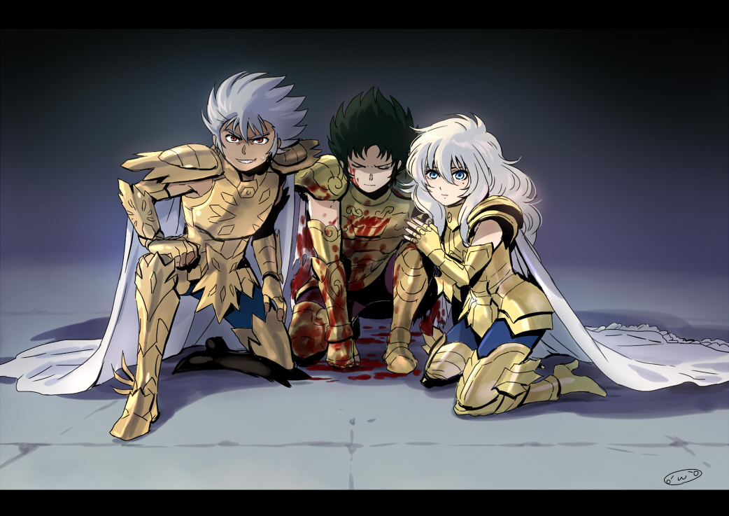 3boys, armor, black_hair, blonde_hair, blood, blood_on_arm, blood_on_armor, blood_on_clothes