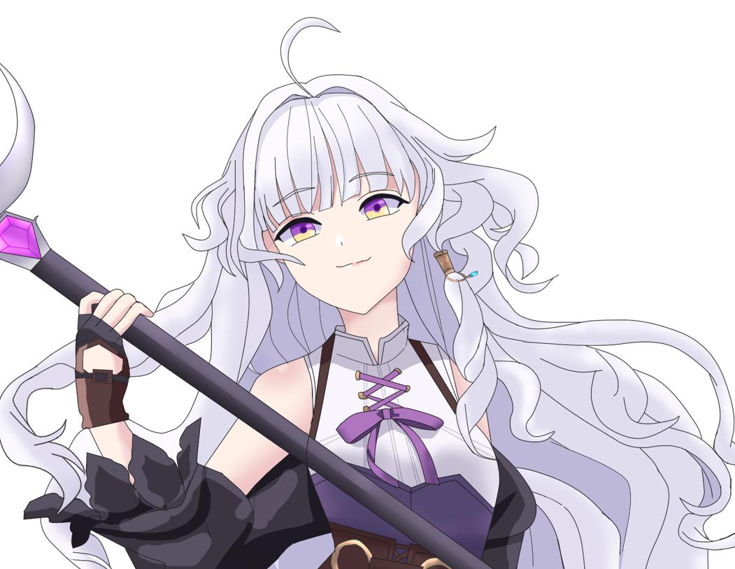 fingerless_gloves, gloves, grey_hair, holding, holding_staff, jamie_(mingjia84849364), mabinogi, purple_ribbon, ribbon, rowan_(mabinogi), simple_background, sleeveless, staff