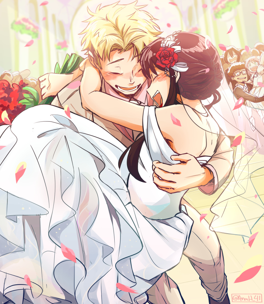 2girls, 3boys, anah_41, anya_(spy_x_family), artist_name, black_hair, blonde_hair, blush, bouquet, bridal_veil, brother_and_sister, carrying, child, closed_eyes, commentary, couple, dress, english_commentary, facial_hair, fake_horns, falling_petals, father_and_daughter, franky_franklin, glasses, happy, hetero, highres, holding, holding_bouquet, horns, hug, husband_and_wife, mother_and_daughter, multiple_boys, multiple_girls, open_mouth, petals, pink_hair, princess_carry, short_hair, short_hair_with_long_locks, siblings, sidelocks, smile, spy_x_family, teeth, twilight_(spy_x_family), twitter_username, veil, wedding, wedding_dress, white_dress, yor_briar, yuri_briar