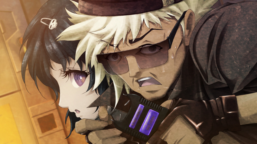 2boys, armlock, beanie, black_hair, black_jacket, bob_cut, choker, clenched-teeth, clenched_teeth, dark-skinned_male, dark_skin, english_text, fingerless_gloves, game_cg, gloves, grey_eyes, hair_ornament, hairclip, hat, highres, holding_taser, huke, jacket, leather, leather_jacket, looking_at_viewer, multiple_boys, nervous_sweating, non-web_source, official_art, open_collar, open_mouth, otoko_no_ko, parted_lips, pink_eyes, pink_lips, ribbon_choker, ringed_eyes, shiny_lips, short_hair, short_sleeves, skull_hair_ornament, square_pupils, steins;gate, steins;gate:_linear_bounded_phenogram, surprised, suzuki_kouichi, sweat, taser, teeth, upper_teeth_only, urushibara_ruka, white_hair