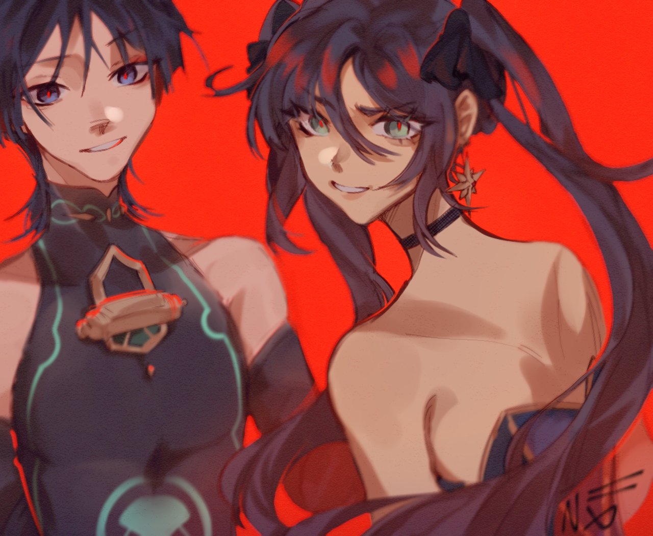 1boy, 1girl, aqua_eyes, bare_shoulders, black_bodysuit, black_bow, black_bridal_gauntlets, black_choker, black_hair, blue_eyes, blue_leotard, blunt_ends, bodysuit, bow, bridal_gauntlets, choker, earrings, eyelashes, genshin_impact, glowing_markings, gold_trim, hair_between_eyes, hair_bow, jewelry, leotard, long_hair, looking_at_viewer, mandarin_collar, mona_(genshin_impact), nxomii_herx, parted_lips, red_background, red_pupils, scaramouche_(genshin_impact), shoulder_blades, sidelocks, smile, star_(symbol), star_earrings, strapless, strapless_leotard, swept_bangs, twintails, wanderer_(genshin_impact), white_mouth, wispy_bangs
