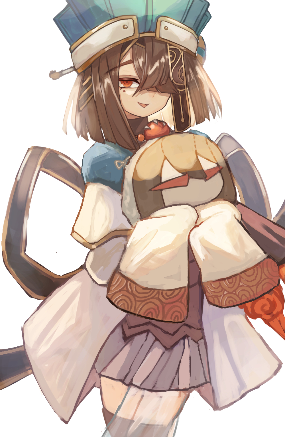 1girl, black_hair, black_ribbon, blue_hat, breasts, brown_eyes, chaperon_hat, character_doll