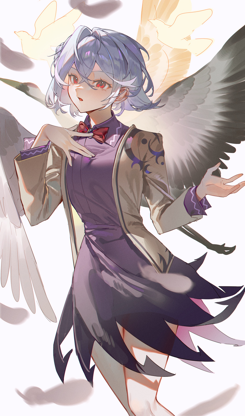 1girl, absurdres, cowboy_shot, dress, ender_xiaohai, grey_hair, grey_wings, highres