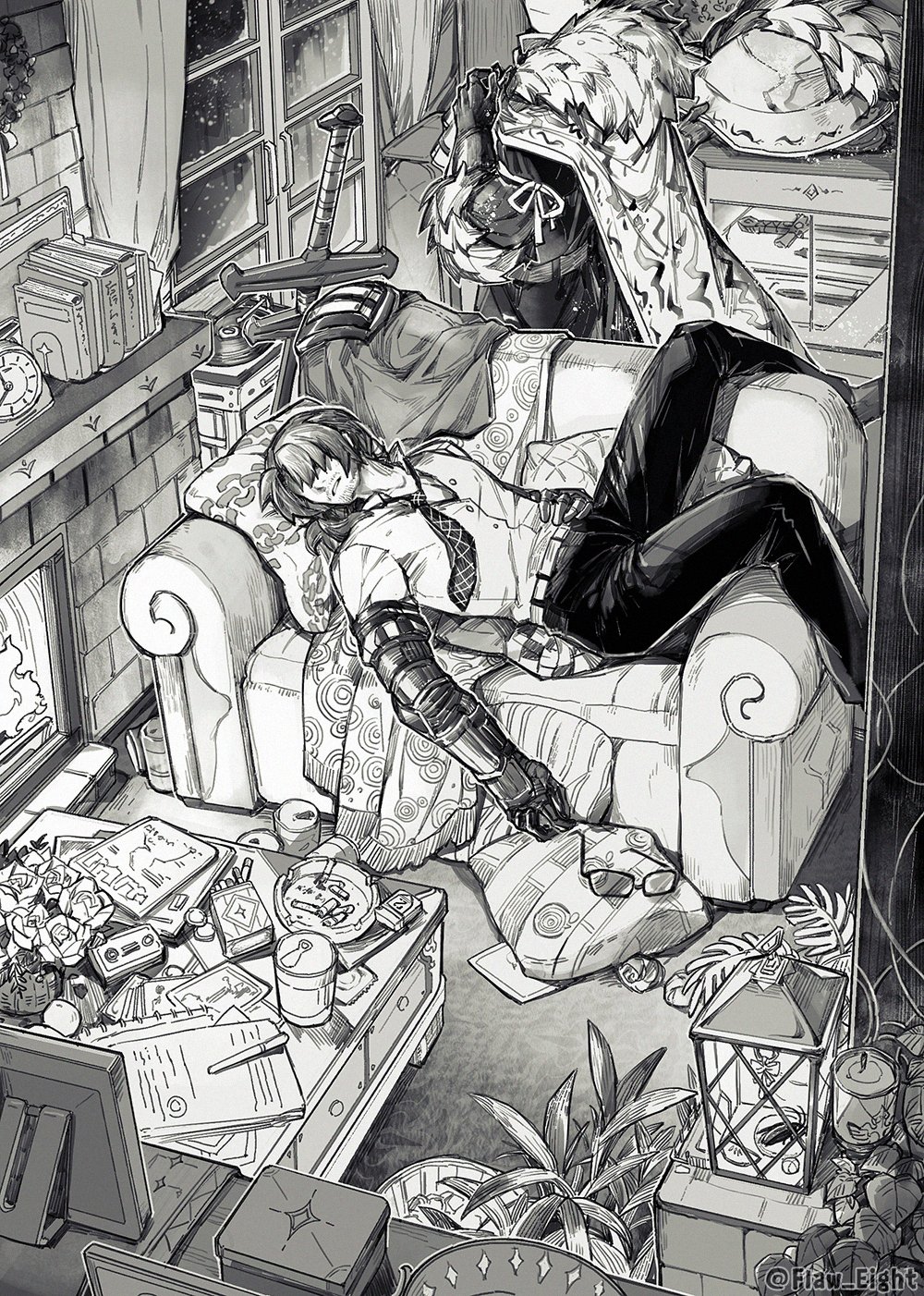 2boys, belt, book, cape, cassette_player, cigarette, cinq_association_west_uniform, collared_shirt, curtains, fireplace, flaw_eight, glasses, greyscale, highres, indoors, lantern, limbus_company, low_ponytail, lying, mechanical_arms, monochrome, multiple_boys, necktie, on_back, open_mouth, pants, pillow, plant, ponytail, potted_plant, project_moon, shirt, single_mechanical_arm, sword, weapon, window, zwei_association_south_uniform, zweihander
