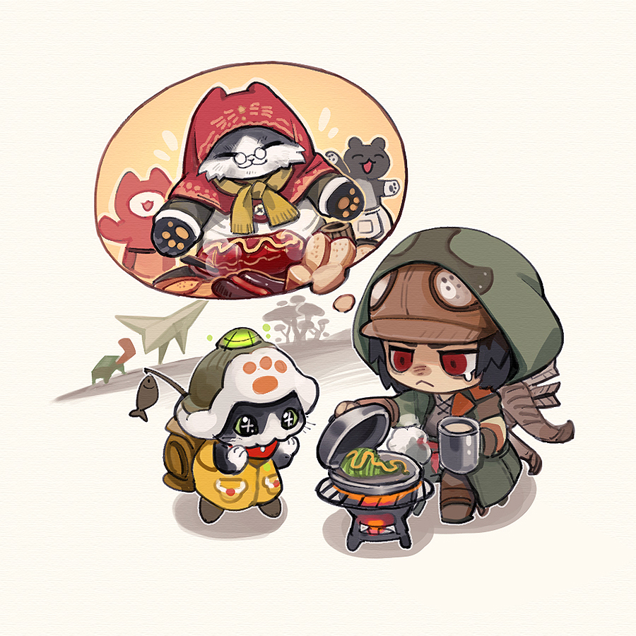 1boy, :<, boots, brown_boots, brown_hat, capelet, cooking, crying