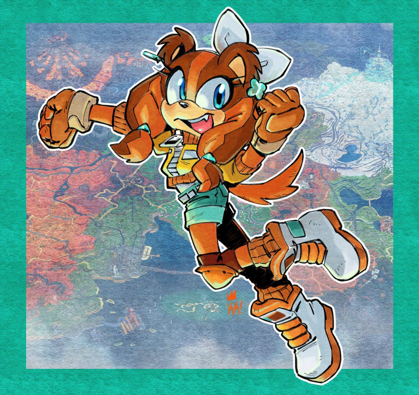 1girl, blue_eyes, boots, clenched_hands, cosplay, fang, full_body, furry