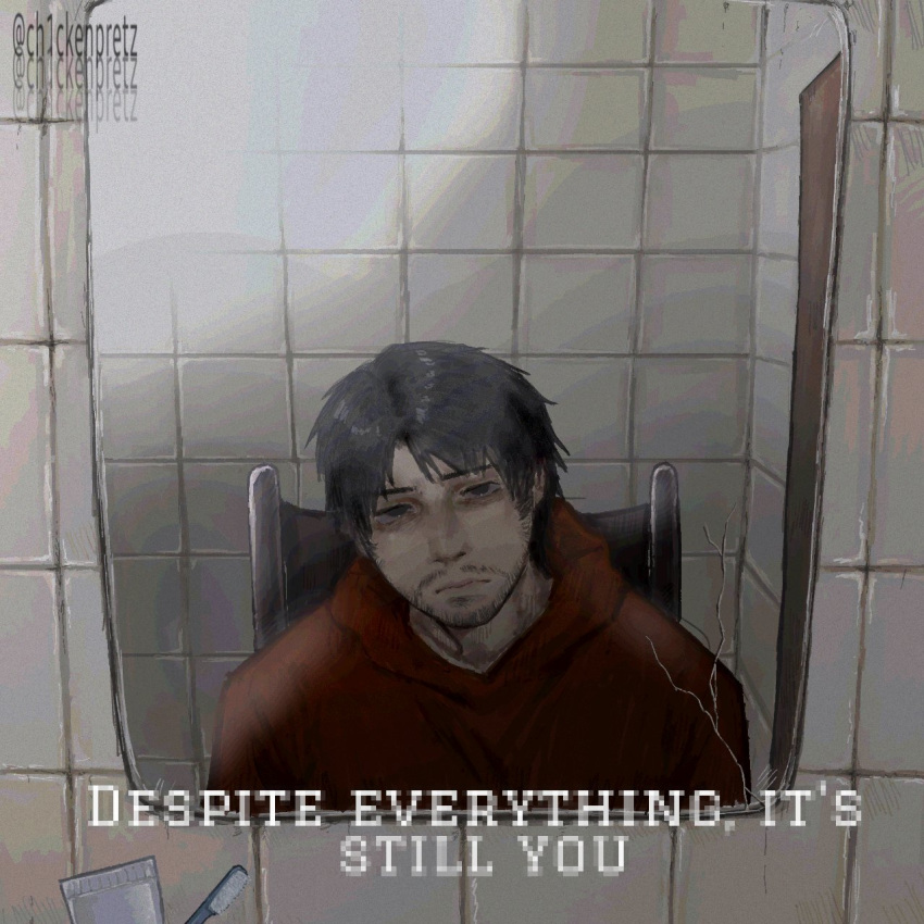 bags_under_eyes, bathroom, beard_stubble, black_hair, black_shirt, ceiling_light, ch1ckenpretz, cry_of_fear, despite_everything_it's_still_you_(meme), door, english_text, exhausted, facial_hair, grey_hoodie, highres, hood, hood_down, hoodie, looking_at_viewer, meme, mirror, reflection, reflection_focus, reflective_surface, shirt, short_hair, simon_henriksson_(sick), standing, stubble, tile_wall, tiles, toothbrush, toothpaste, unzipped