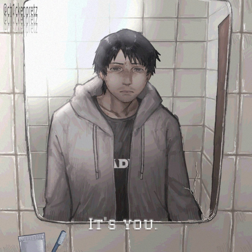 bathroom, black_hair, black_shirt, ceiling_light, ch1ckenpretz, cry_of_fear, despite_everything_it's_still_you_(meme), door