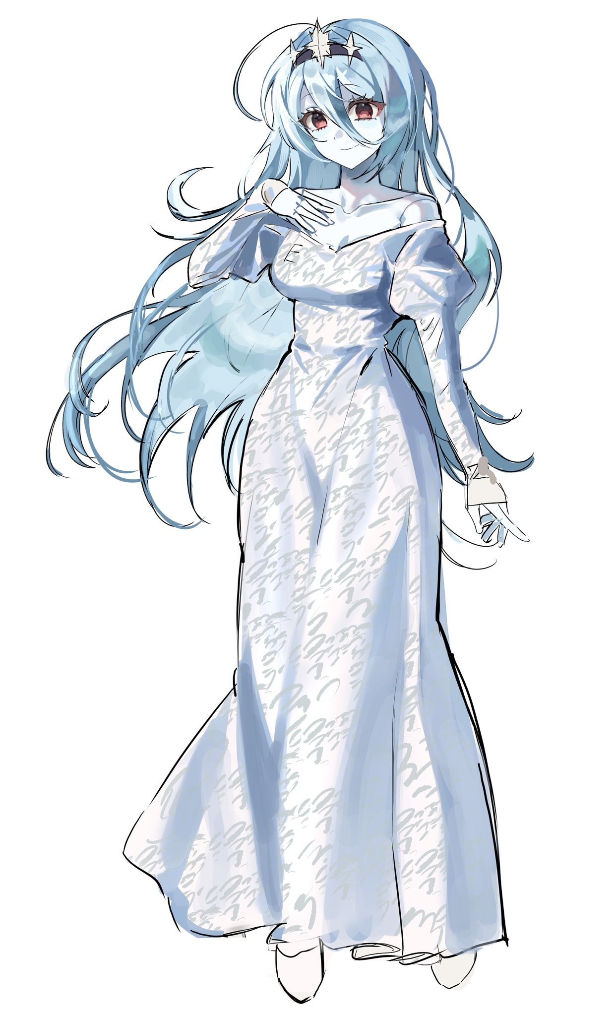 1girl, blue_hair, breasts, closed_mouth, collarbone, colored_skin, crown, dress