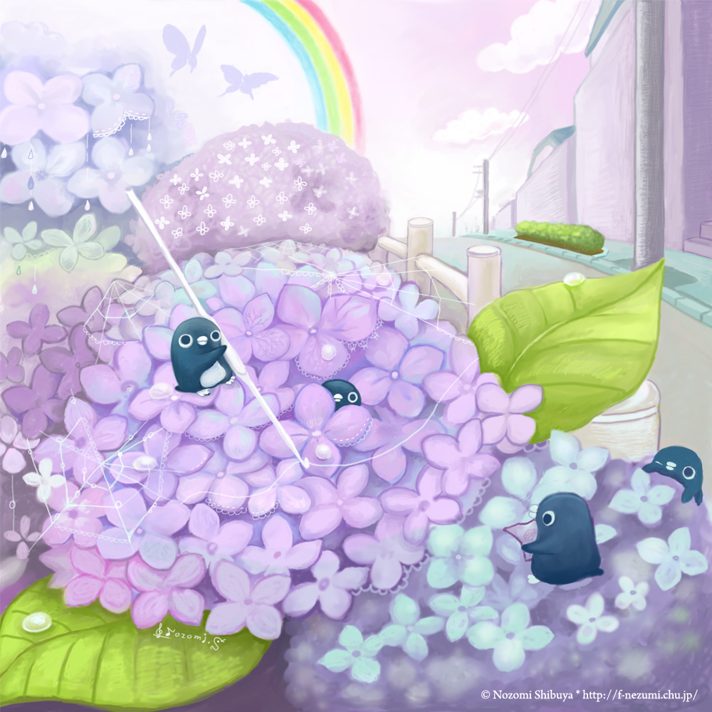 butterfly, f-nezumi, flower, hydrangea, leaf, original, penguin, rainbow, shibuya_nozomi, spider_web